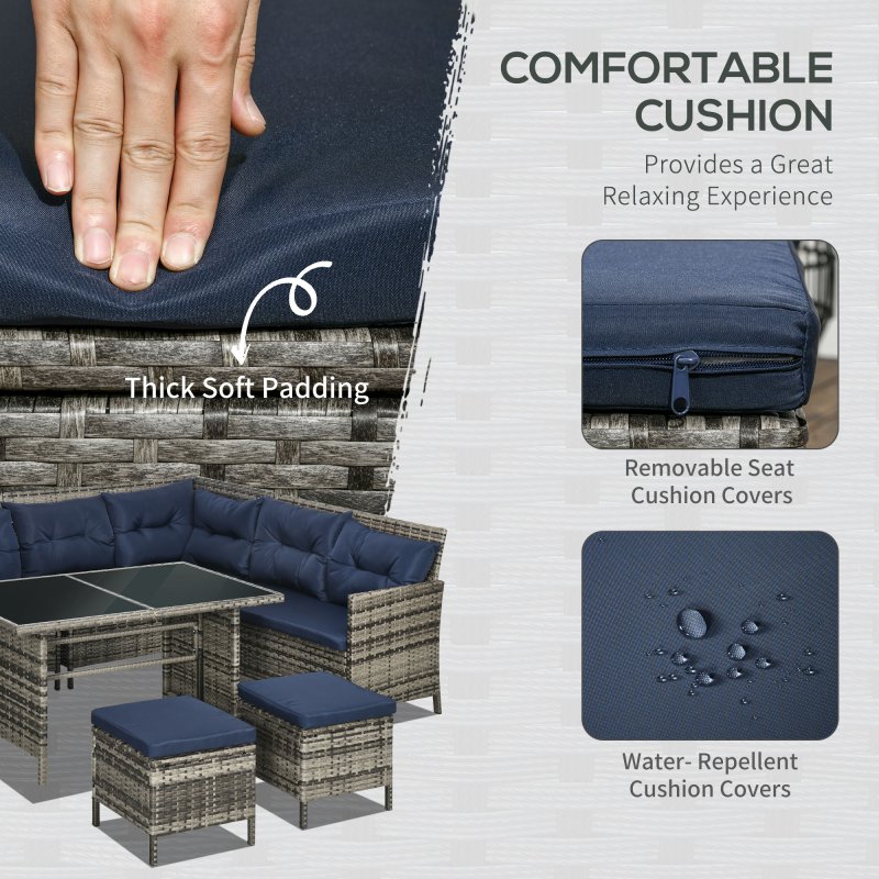 Outsunny 6 Pieces Rattan Garden Furniture Set, 8-Seater Garden Corner Sofa Set with 3 Loveseats, Glass Top Table, Footstools, Outdoor Conservatory Furniture with Cushions for Patio, Dark Blue