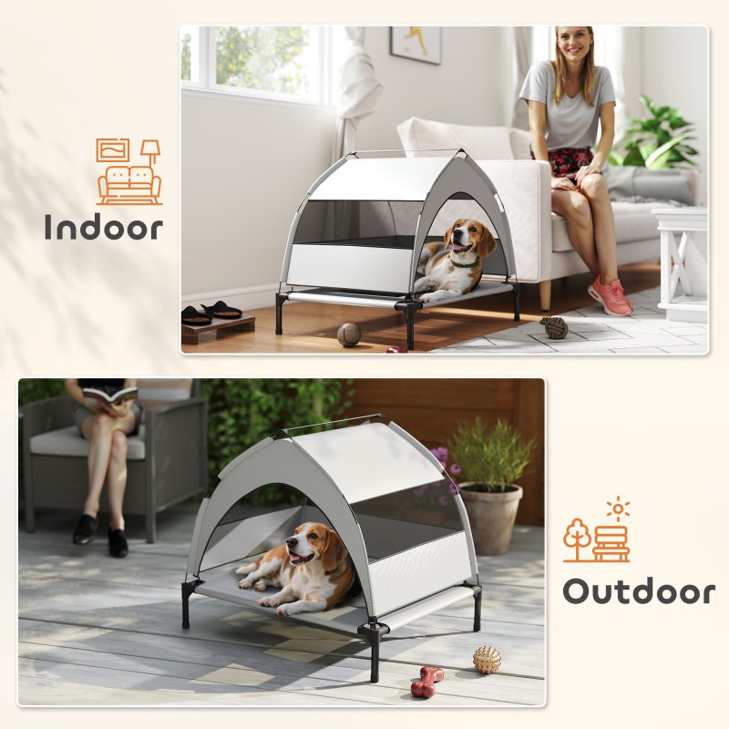 PawHut Elevated Dog Bed with Removable Canopy, Portable Cooling Raised Pet Cot with Breathable Mesh, Storage Bag, for Indoor Outdoor Use, for Small Medium Dogs, 76 x 61 x 70 cm, Light Grey