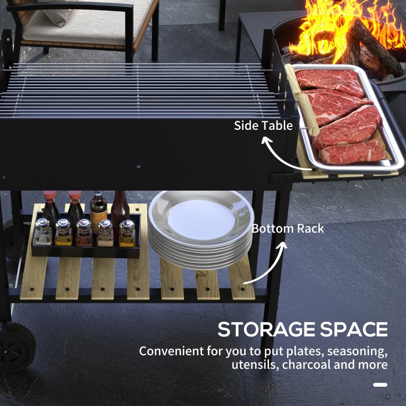 Outsunny Charcoal?BBQ?Grill, Barbecue?Trolley with Double Adjustable Grill, Side Table, Storage Shelf and Wheels for Outdoor Garden Party Cooking, Black