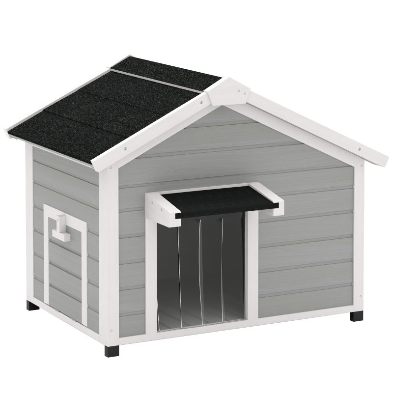 PawHut Dog House Wooden Dog Kennel Outdoor with Openable Asphalt Roof, Removable Floor, Door Curtain, Elevated Feet, for Medium Breeds, Light Grey