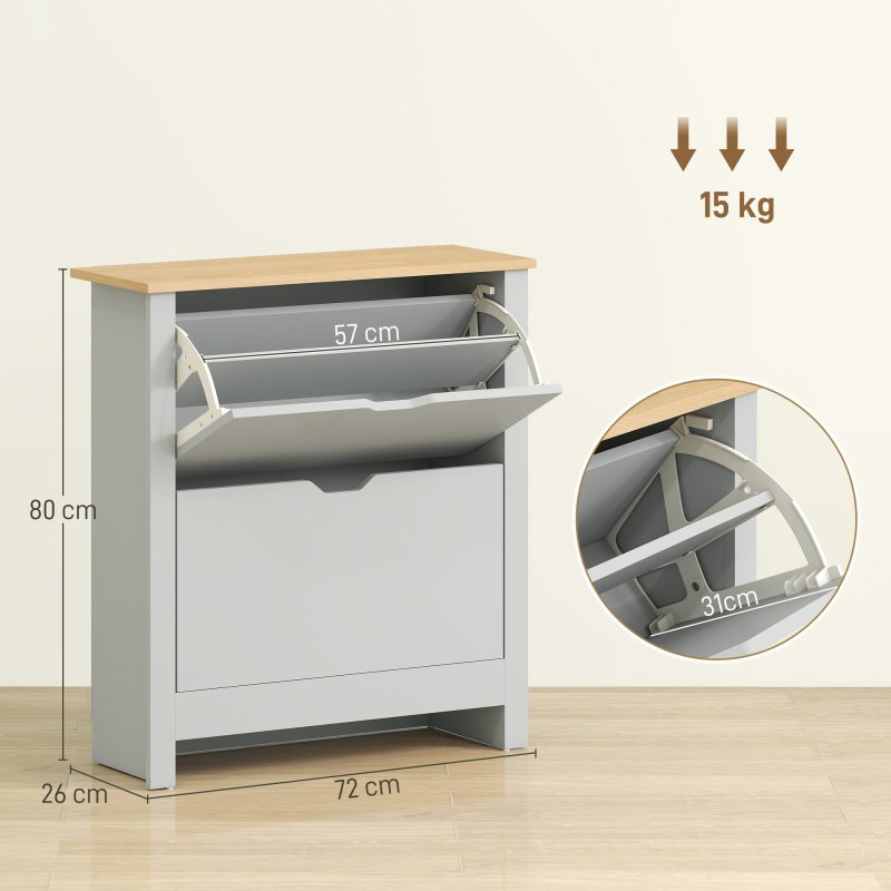 HOMCOM Narrow Shoe Cabinet, Space Saving Shoe Storage Cabinet with 2 Flip Drawers and Adjustable Shelves for 6-12 Pairs of Shoes for Hallways and Living Room, Light Grey
