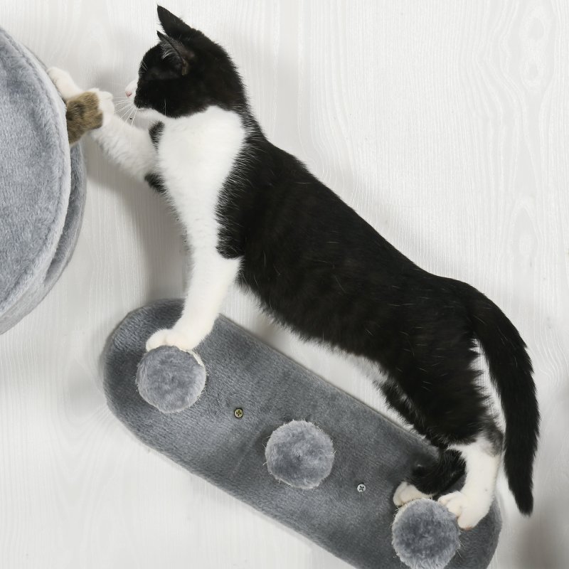 PawHut 4PCs Wall Mounted Cat Tree, Cat Wall Furniture with Platforms, Steps, Scratching Post, Perch, Cat House for Indoor Cats - Grey