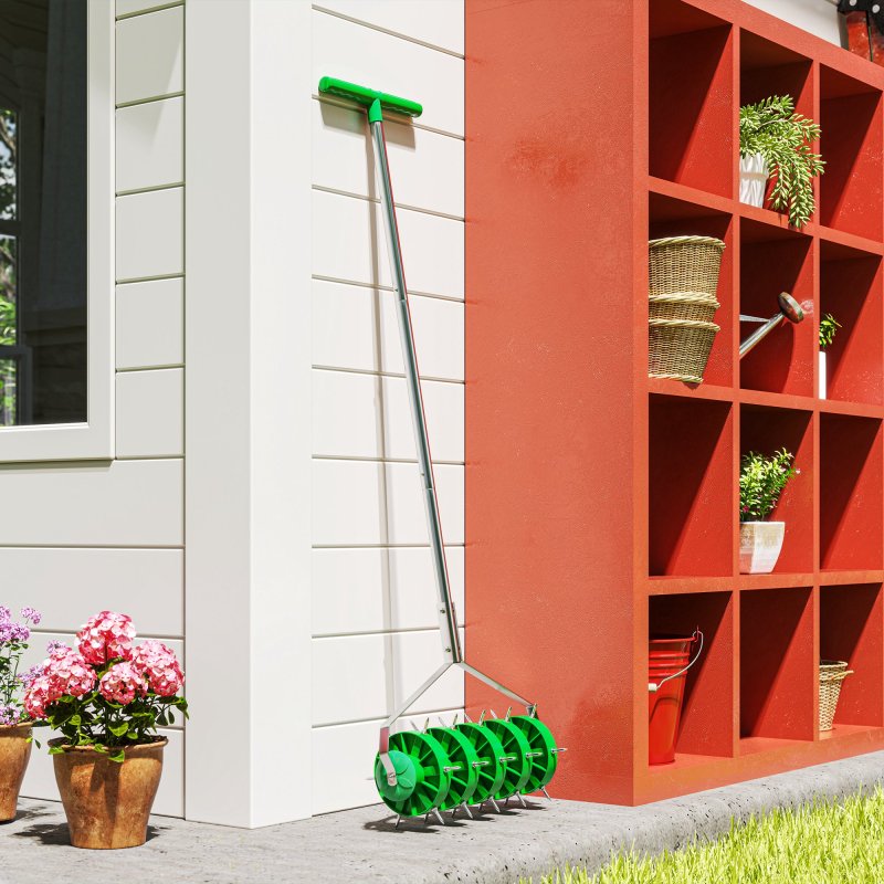 Outsunny Rolling Lawn Aerator, Heavy Duty Garden Aerator, Manual Lawn Spike Roller with T-bar Grip and 3 Piece Detachable Handle, Outdoor Garden Lawn Tool Dark Green