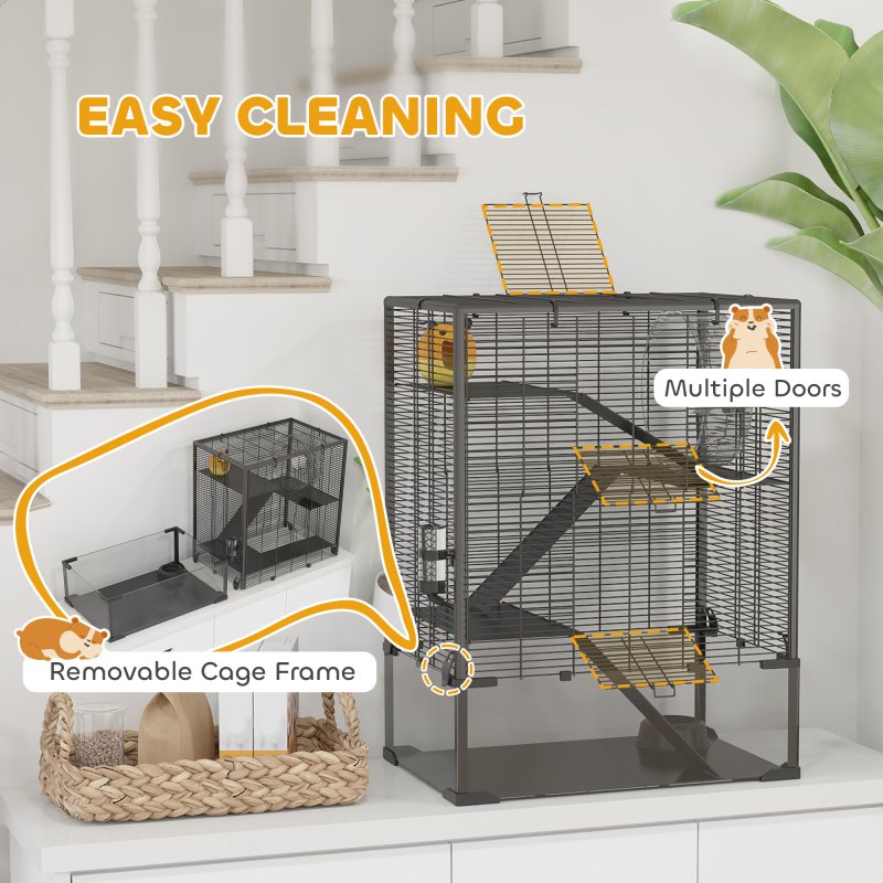PawHut Hamster Cage with Deep Tempered Glass Bottom, 4 Tier Large Hamster Tank with Hut, Running Wheel, Platforms, Ramps, Food Dish, Water Bottle, for Syrian, Dwarf, Rats, Gerbils, 60 x 40 x 80cm