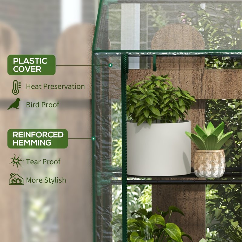 Outsunny 3 Tier Lean-to Mini Greenhouse with Reinforced Plastic Cover, Portable Indoor Outdoor Green House with 2 Roll-up Doors and 6 Wire Shelves, 151H x 143W x 46Dcm, Clear