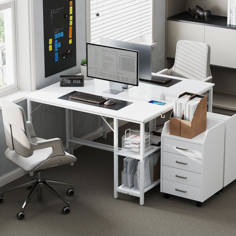 HOMCOM Computer Desk with Power Outlets, 120 x 60 cm Home Office Desk with Reversible Storage Shelves and Headphone Hook, Study Table Workstation for Bedroom, White