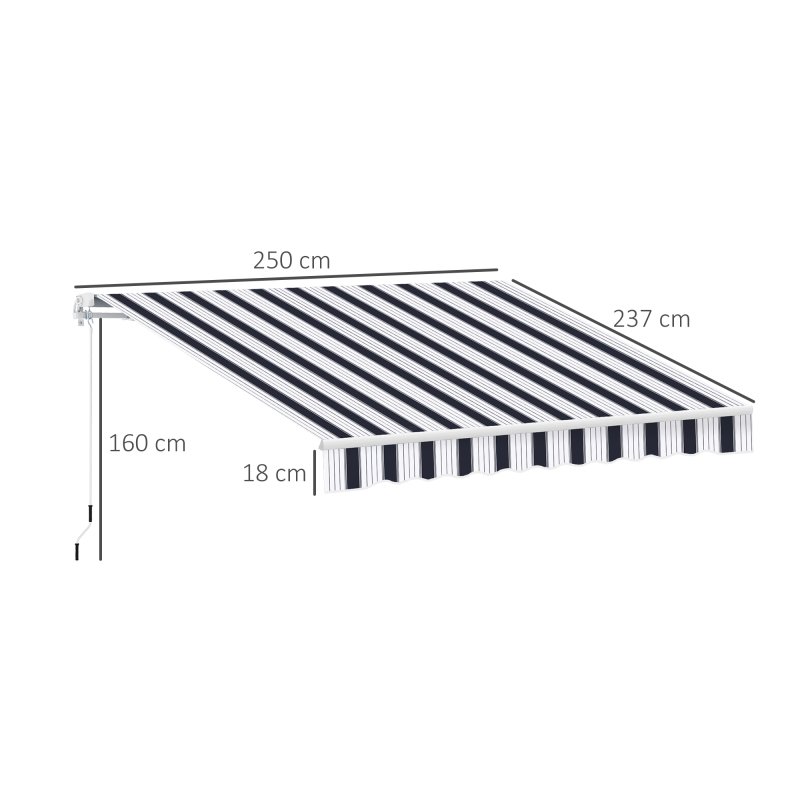 Outsunny 2.5m x 2m Retractable Awning, DIY Garden Awning Canopy, Anti-UV Sun Shade Shelter with Aluminium Frame and Crank Handle, Blue and White
