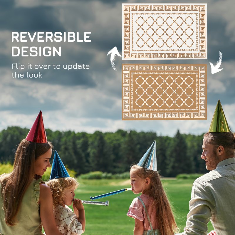 Outsunny Reversible Outdoor Rug with Carry Bag, Waterproof Plastic Straw Mat for Garden, Deck, RV, Picnic, Beach, Camping, 182 x 274cm, Brown and Cream