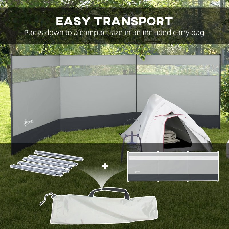 Outsunny Camping Windbreak, 4 Pole Windbreaker Blocker with Clear Windows, Carry Bag and Steel Poles, for Beach Caravan Campervan, 440 x 140cm, Grey