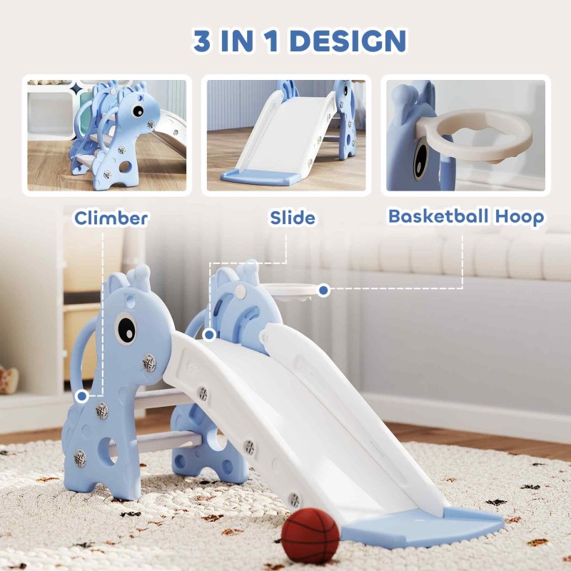 AIYAPLAY 3 in 1 Kids Slide, Giraffe Shape Toddler Slide with Climber, Basketball Hoop and Ball, Indoor Playground Equipment for Age 1-3, Blue