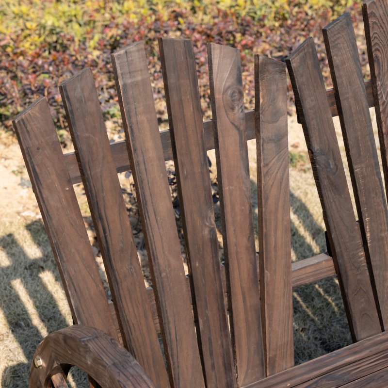 Outsunny 2 Seater Garden Bench, Comfortable Fir Wood Love Chair with Wagon Wheel-Shaped Armrests, Outdoor Adirondack Wooden Loveseats, Carbonized Colour