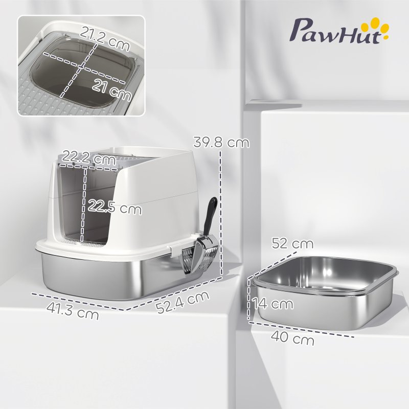 PawHut Stainless Steel Litter Box with Lid, Large Hooded Cat Litter Tray with Flip Cover, Metal Scoop, Deodoriser Bag, Non-Sticky, Odour Control and Easy Clean, White