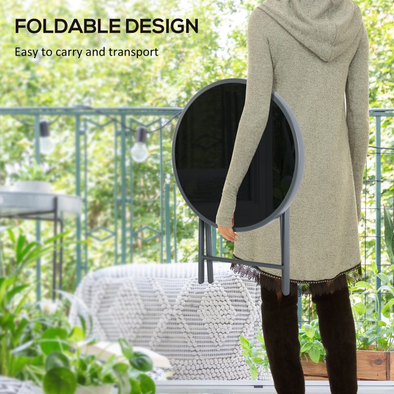 Outsunny ??45cm Garden Side Table, Outdoor Round Folding Patio Table with Imitation Marble Glass Top, Small Coffee Table, Black