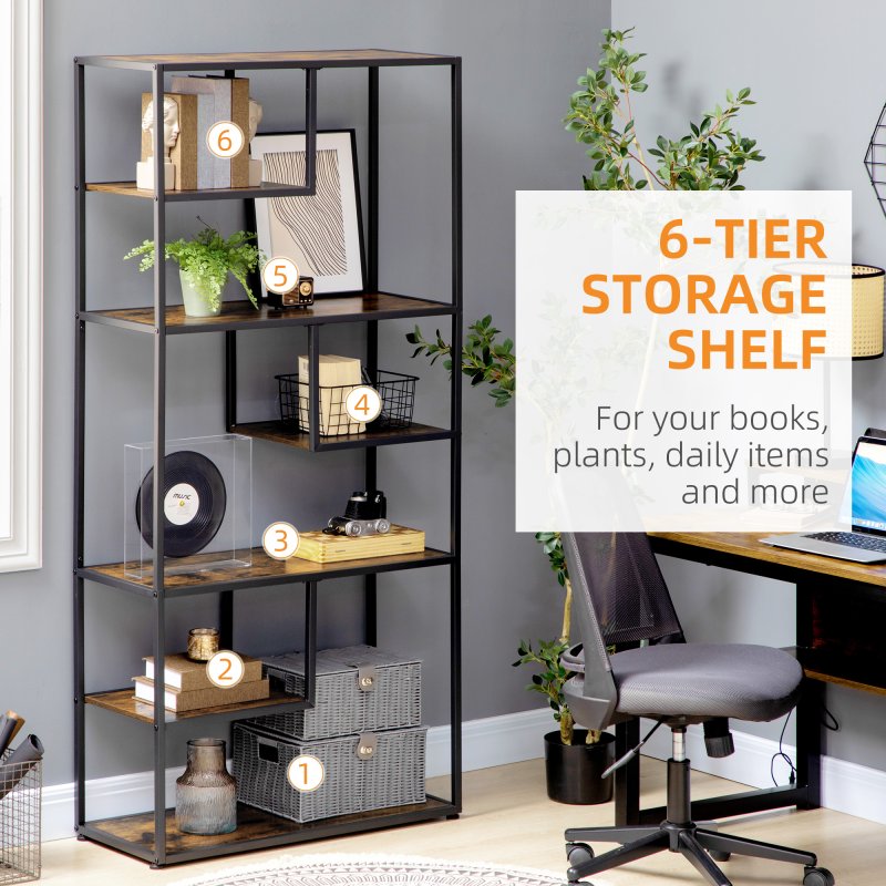 HOMCOM 6 Tier Bookcase, Industrial Display Shelf, Standing Storage Shelf, 34x83x180cm for Study, Office, Living Room, Bedroom, Rustic Brown and Black