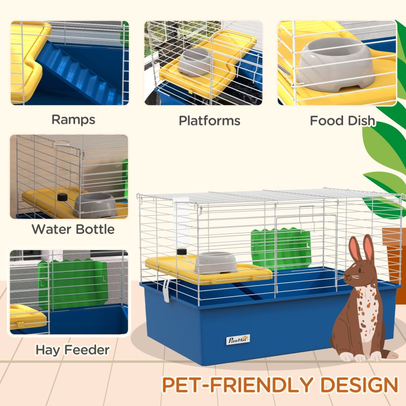 PawHut Guinea Pig Cage Chinchillas Rabbit Small Animal Cage with Ramp, Dish, Water Bottle, 71 x 46 x 47cm, Blue