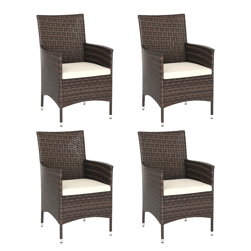 Outsunny 4 Pieces Outdoor PE Rattan Dining Chairs Set with Cushion, Garden Armchair with Armrests, High Backrest, Metal Frame Patio Wicker Furniture, Deep Coffee