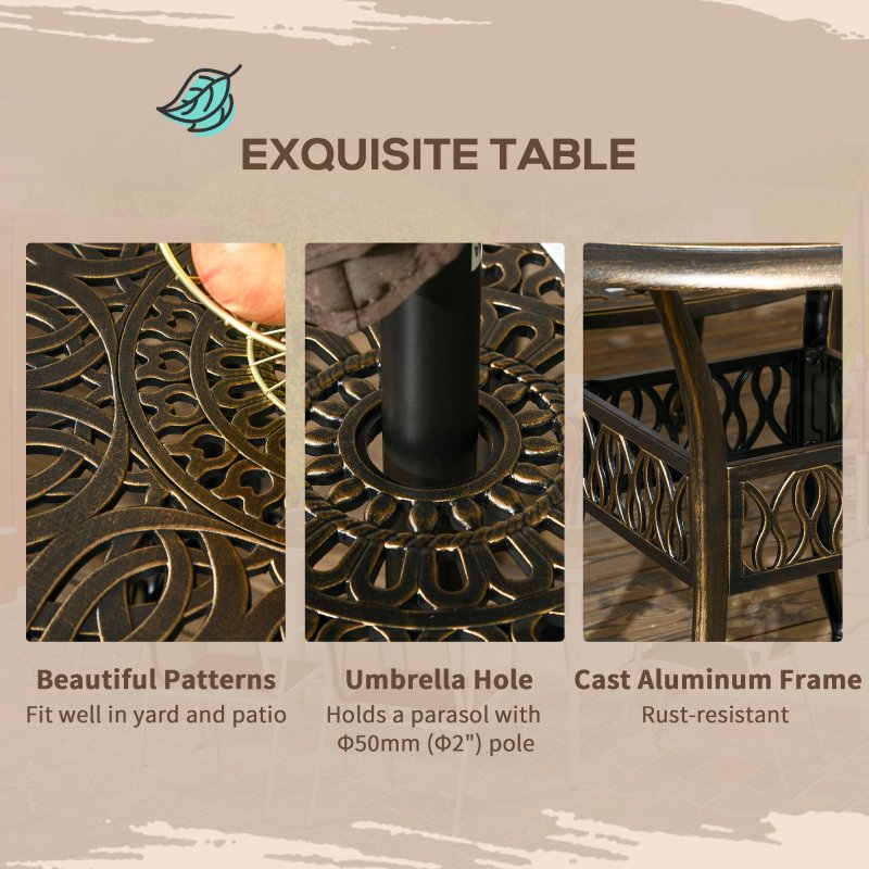 Outsunny 5-Piece Outdoor Furniture Dining Set, Cast Aluminum Conversation Set Includes 4 Chairs and 90cm Round Table with 50mm Umbrella Hole for Patio Garden Deck, Flower Design