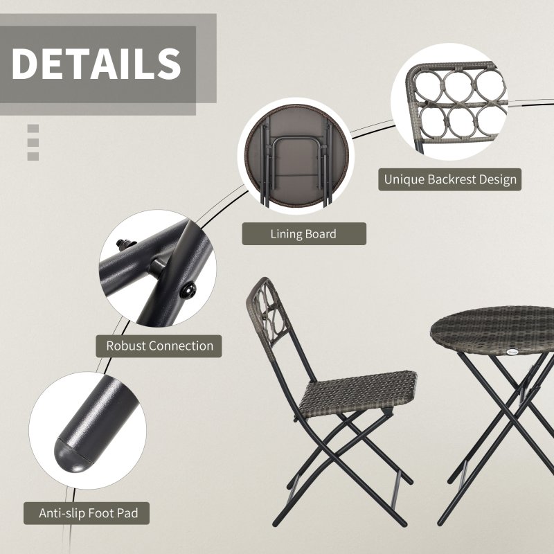 Outsunny 3 Pieces Rattan Bistro Set, Wicker Folding Garden Furniture Set with Coffee Table and Chairs for Outdoor, Patio, Balcony, Grey