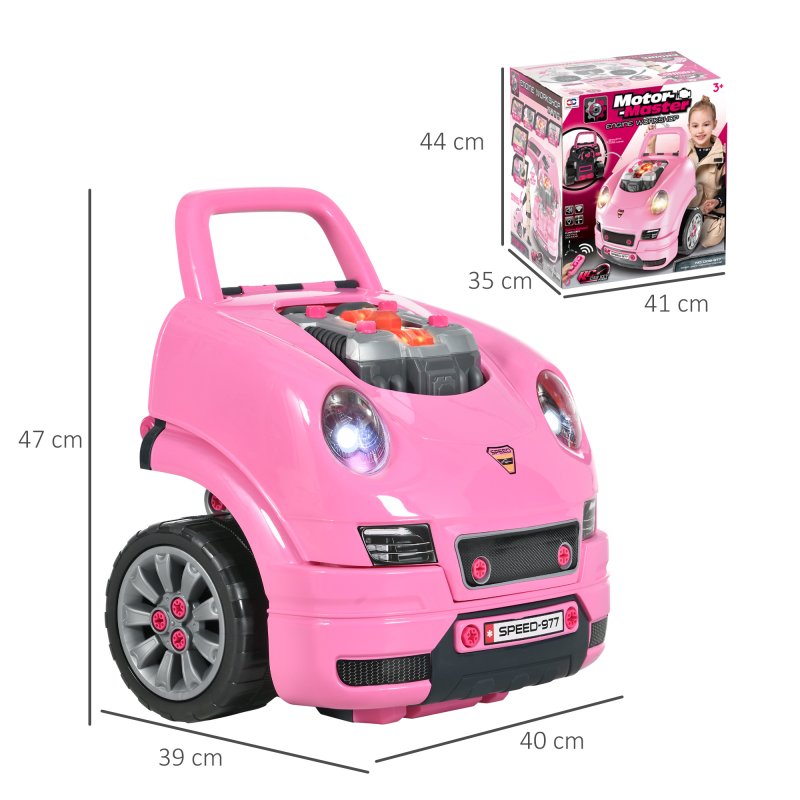 HOMCOM Kids Truck Engine Toy Set Toddler Educational Car Service Station w/ RC Car Key Steering Wheel Horn Light, Mechanic Gifts for Ages 3-5 Years - Pink