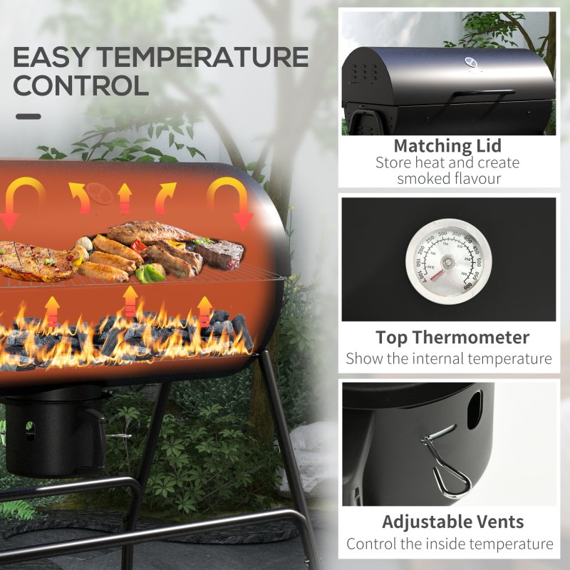 Outsunny Charcoal Barbecue Grill, Portable Barrel BBQ Trolley Smoker with Wheels, Ash Catcher and Thermometer for Outdoor Garden Party Cooking, Black