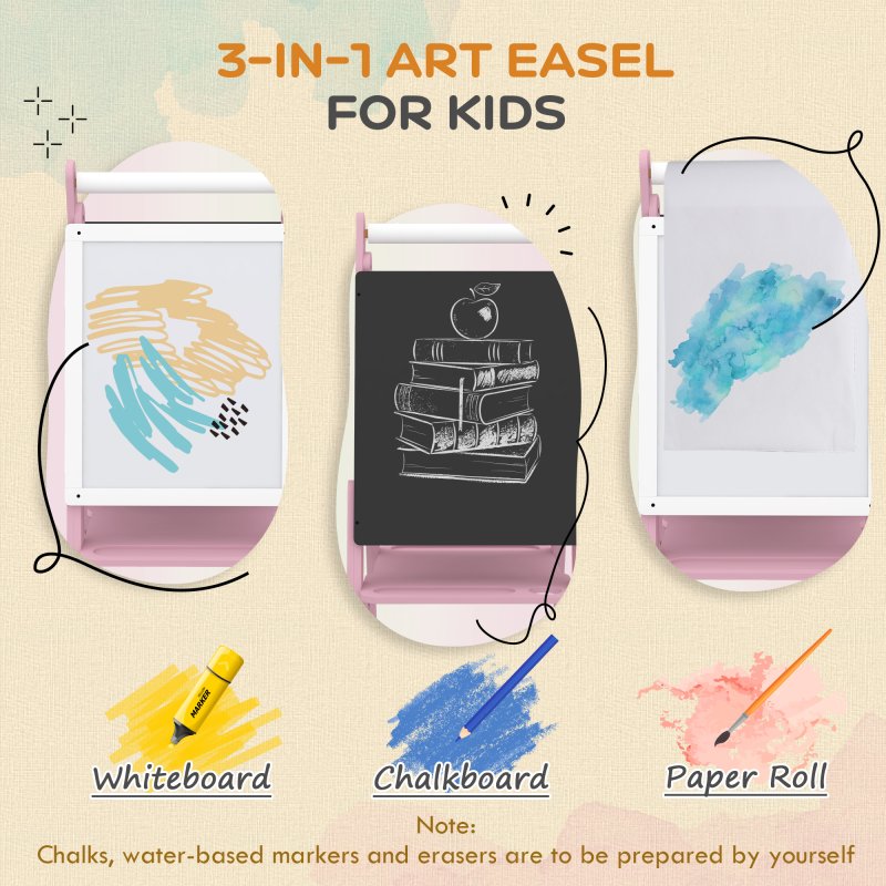 AIYAPLAY Kids Easel with Paper Roll 3 in 1 Art Easel for Toddlers Height Adjustable Double-Sided Kids Whiteboard Blackboard for Ages 3-6 Years - Pink