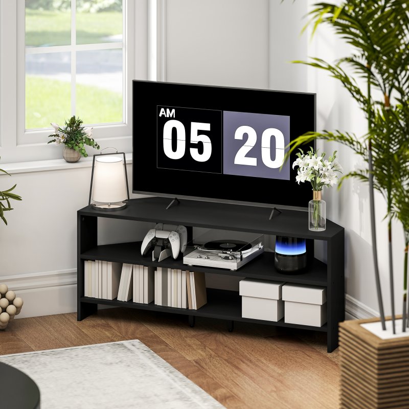 HOMCOM Corner TV Stand for 47 Inch Television, Modern TV Unit with 2 Open Shelves for Living Room, Bedroom, Black