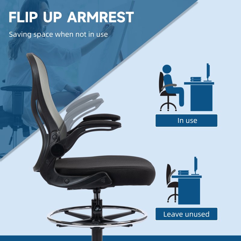 Vinsetto Draughtsman Chair with Flip-up Armrests, Mesh Standing Desk Chair with Lumbar Support and Adjustable Foot Ring for Bar Counter, Dark Grey