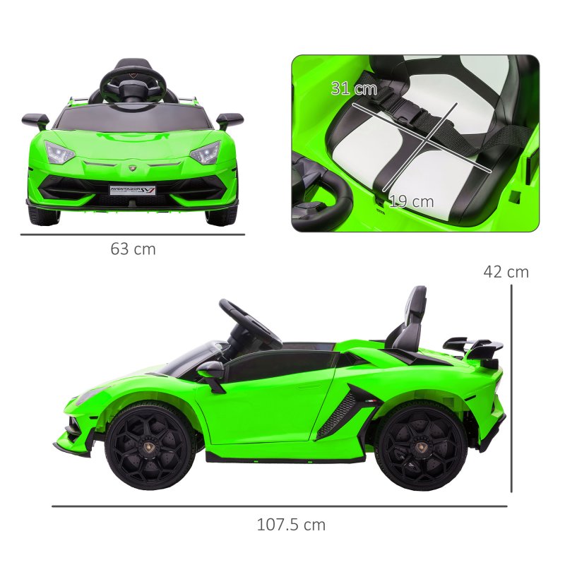 HOMCOM Lamborghini Aventador Licensed Kids' Electric Ride-on with Remote Control, 12V Powered Electric Car for Kids with Butterfly Doors, Auxiliary wheels, Music, Horn, Suspension - Green