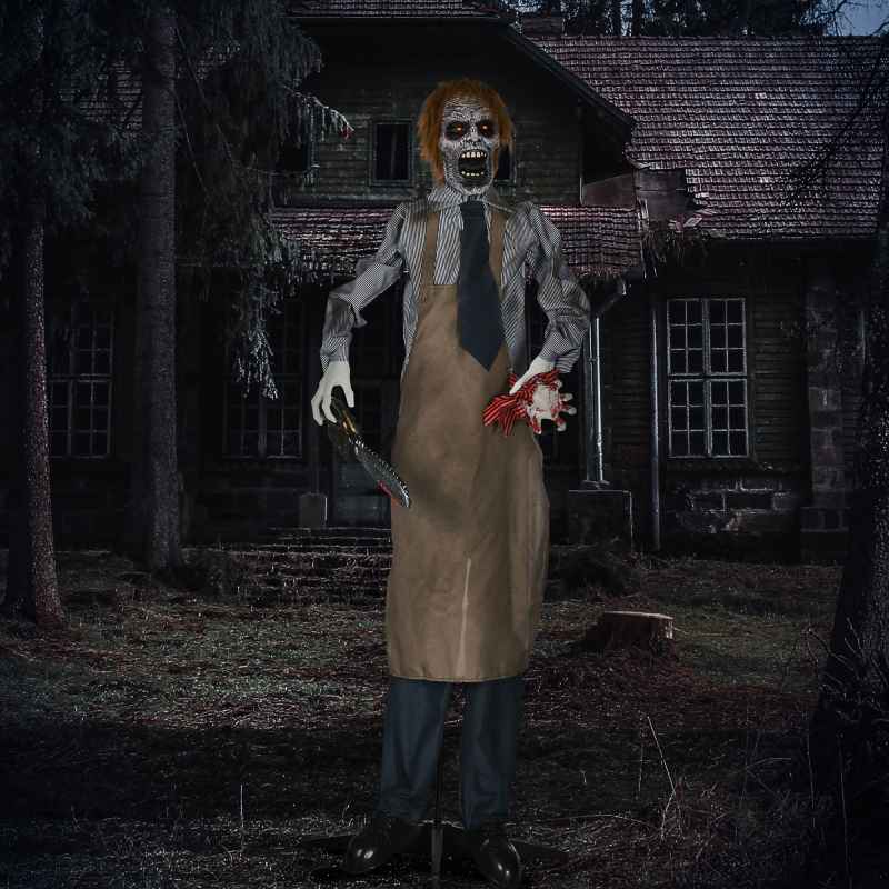 HOMCOM 5.5ft Life Size Halloween Animatronic Standing Chainsaw Killer, with Light Up Eyes, Sound Activated Moving Body, Scary Halloween Decorations, Battery Operated, Indoor Party Props