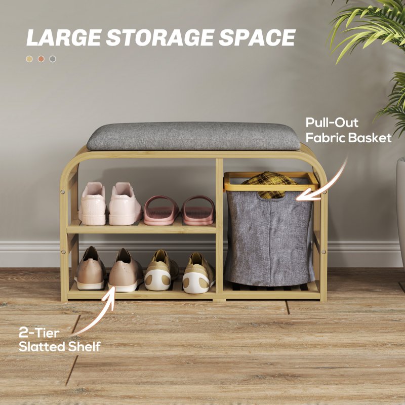 HOMCOM Bamboo Shoe Bench with Cushion, Shoe Rack Bench with 2 Slatted Shelves and Pull-Out Fabric Basket for Hallway, Entryway, Living Room, Nature Wood Finish