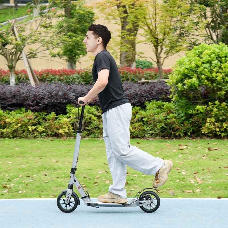 HOMCOM Adult Teens Kick Scooter Foldable Height Adjustable Aluminium Ride On Toy for 14+ w/ Rear Wheel & Hand Brake, 200mm Big Wheels, Shock Mitigation System - Silver