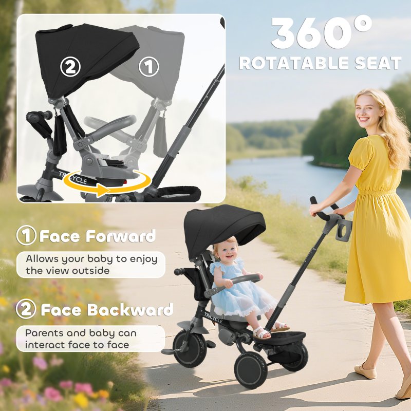AIYAPLAY Kids Trike, 6 in 1 Toddler Tricycle with Adjustable Parent Handle & Canopy, Convertible Seat, for Ages 1-5 Years, Foldable Baby Trike with Safety Harness, Storage Basket & Bag, Black