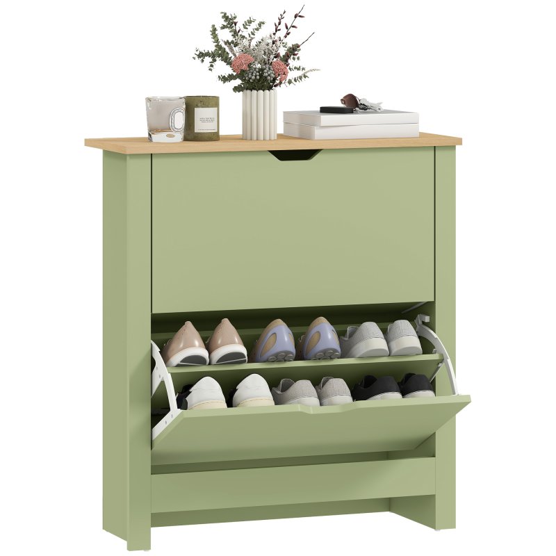 HOMCOM Narrow Shoe Cabinet, Space Saving Shoe Storage Cabinet with 2 Flip Drawers and Adjustable Shelves for 6-12 Pairs of Shoes for Hallways and Living Room, Green