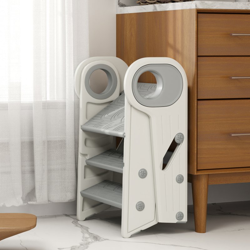 AIYAPLAY Kids Step Stool, Foldable Toddler Kitchen Stool, Adjustable Standing Tower with Handle, Non-Slip for Bathroom, Sink, Kitchen, Counter, Toilet Potty Training, Grey