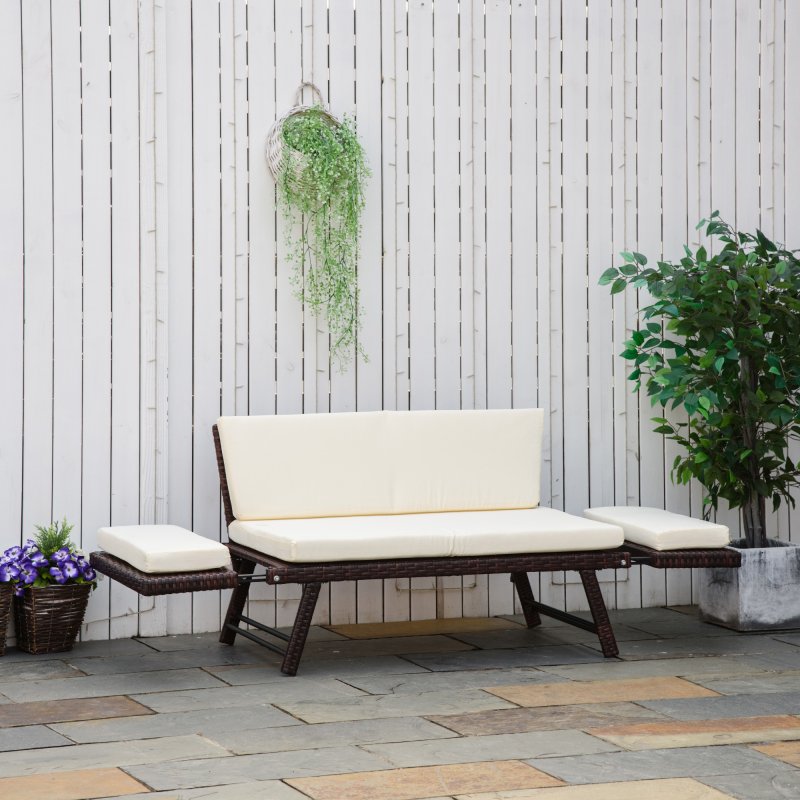 Outsunny Rattan Garden Sofa Bed with Adjustable Armrests, 2-in-1 Convertible Couch Garden Daybed Lounger, Outdoor Folding Chaise Lounge Loveseat with Cushions for Porch, Patio, Brown