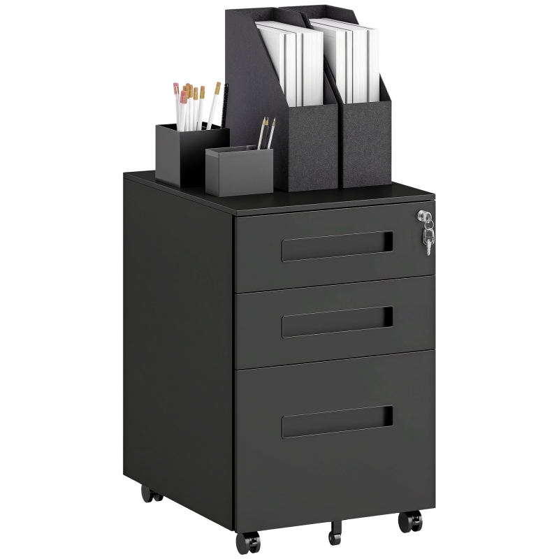 Vinsetto Metal Mobile File Cabinet with Wheels, Lockable 3 Drawer Filing Cabinet for A4, Legal, Letter, Under Desk Storage Unit with Pre-Assembled Body for Home Office, 39 x 48 x 60cm, Black
