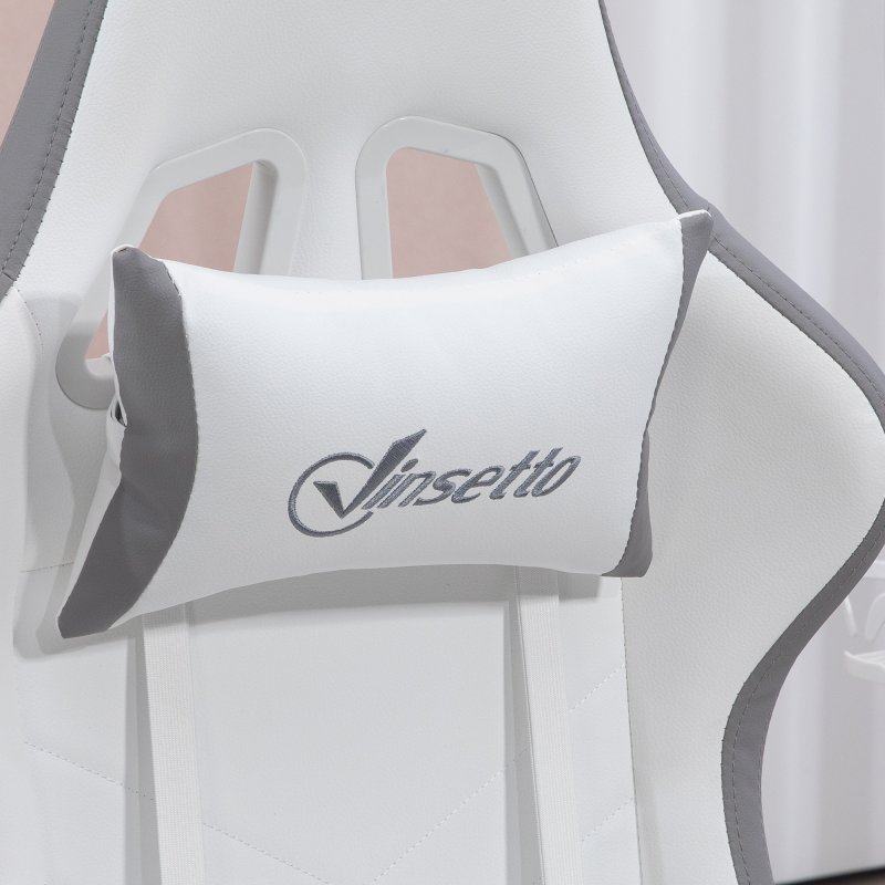 Vinsetto Computer Gaming Chair, PU Leather Office Desk Chair with Footrest, Swivel Wheels, 135?? Reclining Back, Lumbar Support, Headrest for Home, White and Grey