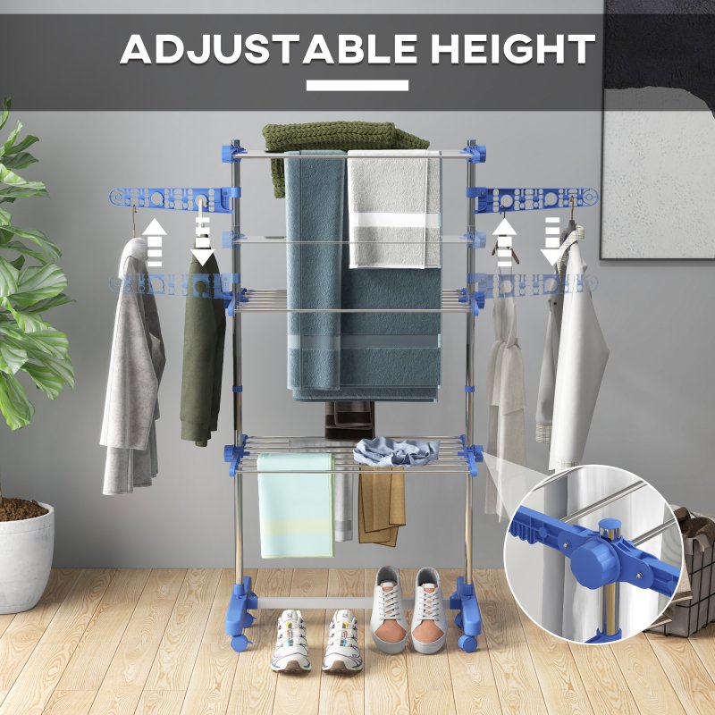 HOMCOM 3-Tier Clothes Airer, Stainless Steel Foldable Clothes Drying Rack with Wheels and Wings, Indoor and Outdoor, Easy Assembly, 142 x 55 x 152cm, Blue