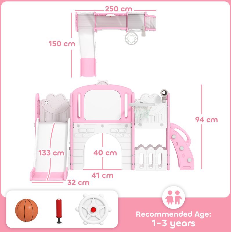 AIYAPLAY 7 in 1 Toddler Slide Set with Basketball Hoop, Outdoor & Indoor Frog Theme Playset with Climbing Frame, Telescope, Drawing Board, Storage Box for Toddlers Ages 1-3, Pink