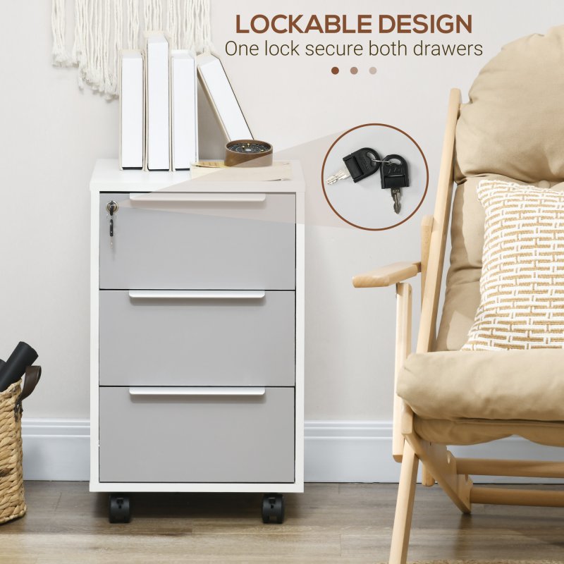 HOMCOM 3-Drawer Lockable Filing Cabinet, File Cabinet on Wheels, Mobile Office Storage Drawers for Home Office, Bedroom and Living Room