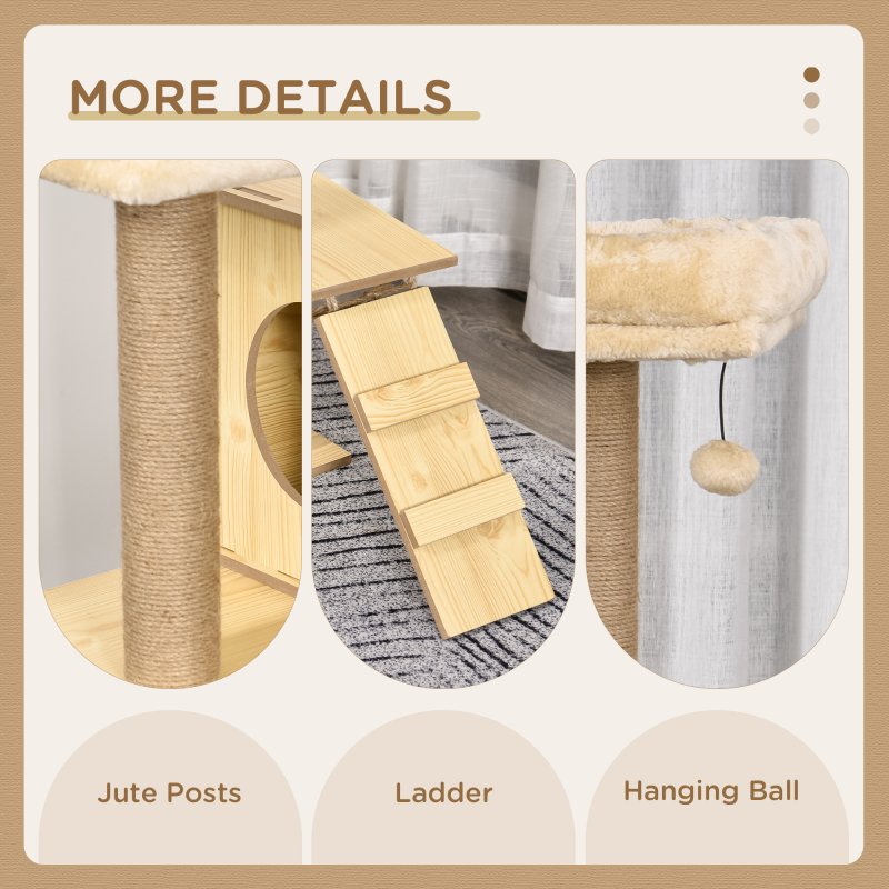 PawHut Wooden Cat Tree for Indoor Cats Climbing Tower for Large Cats with 5 Scratching Posts Hammock Toy Ball 130cm