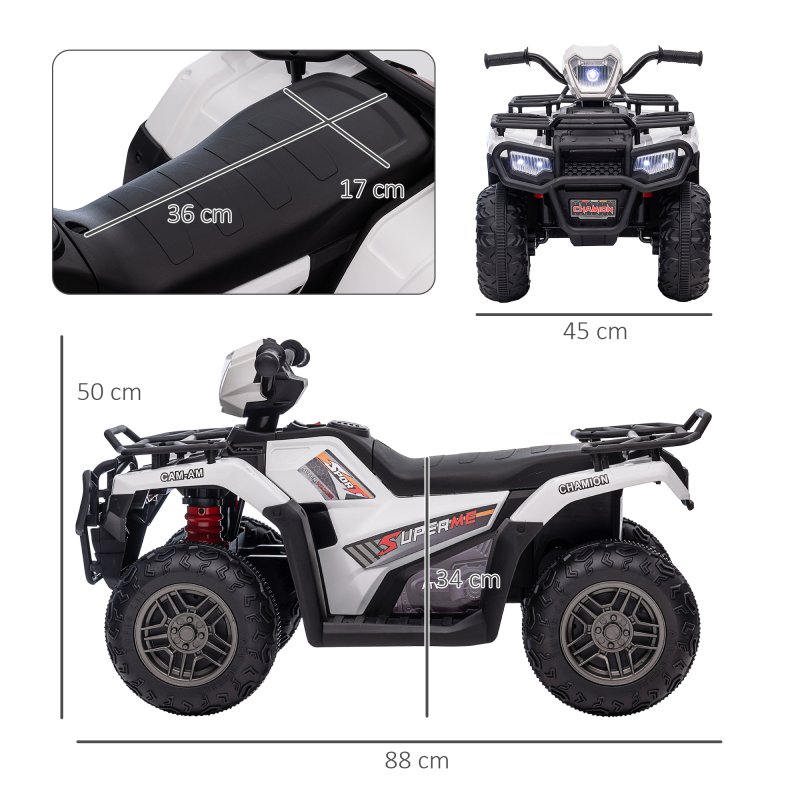 HOMCOM 12V Electric Quad Bike for Kids, Ride-On Car w/ Forward, Reverse Functions, Music, LED Headlights, for Ages 3-5 Years - White