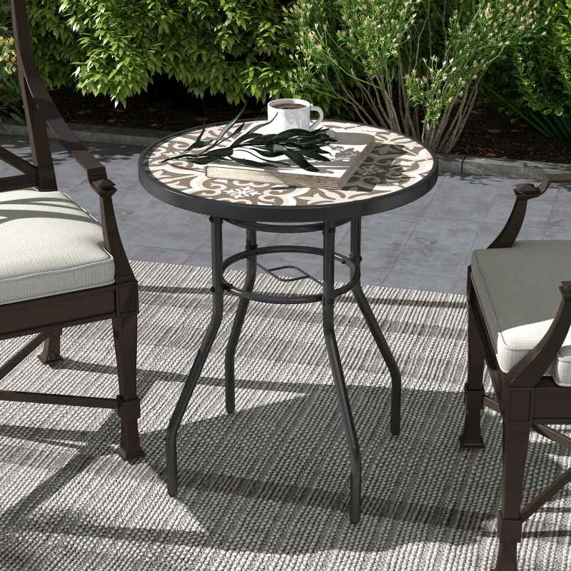 Outsunny 60 cm Garden Round Coffee Table,  Outdoor Side Table with Tempered Glass Printed Table Top and Foot Pads for Porch, Balcony, Tan Brown