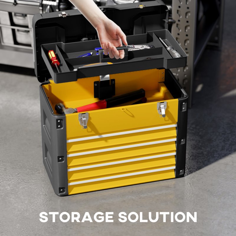 HOMCOM 4 Drawers Large Tool Box, Powder Coated Steel Toolbox with Top Tray, Mini Parts Boxes, Ball Bearing Runners, Handle, Heavy Duty Tool Chest for Workshop, Garage, 497mm x 253mm x 407mm, Yellow