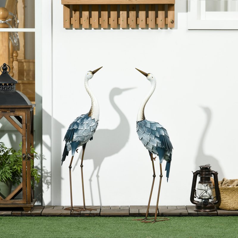 Outsunny Crane Garden Ornaments, 2 PCS Steel Garden Statue Set Gifts, Water and Rust Resistant Sculptures for Patio Pond Landscape Decoration, Multi-Colour