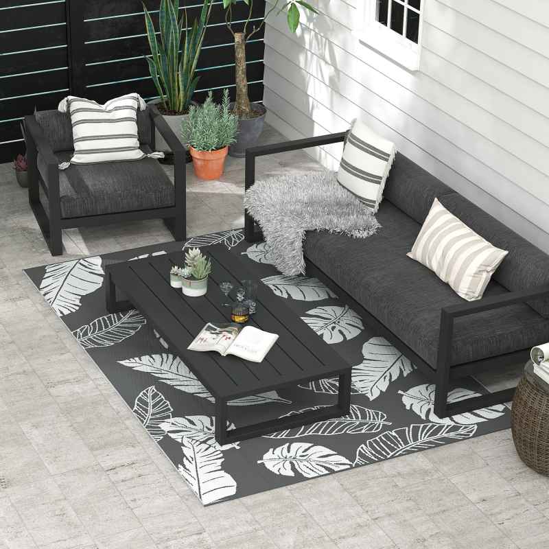 Outsunny Reversible Outdoor Rug with Carry Bag, Waterproof Plastic Straw Mat for Garden, Deck, RV, Picnic, Beach, Camping, 182 x 274cm, Grey and White