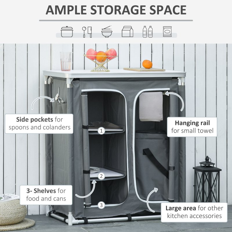 Outsunny Aluminum Camping Cupboard, Camping Kitchen Station Cook Table with 3-Shelf, Storage Organiser for BBQ Party Picnics Backyards with Carrying Bag