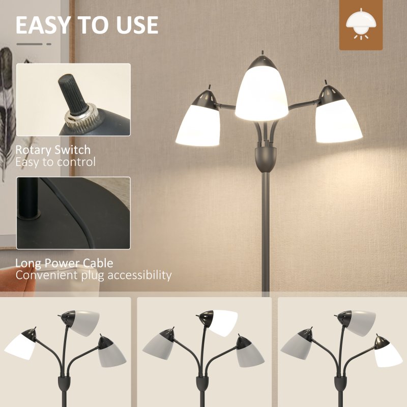 HOMCOM Arc Tree Floor Lamp with 3 Adjustable Rotating Lights, for Bedroom Living Room, Industrial Standing Lamp with Steel Frame, 155cm, Black