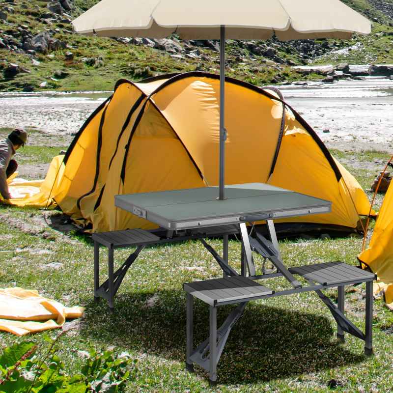 Outsunny Folding Picnic Table with 4 Seats and Umbrella Hole, Aluminium Frame Portable Camping Table Set for Patio, Porch, Garden, Grey