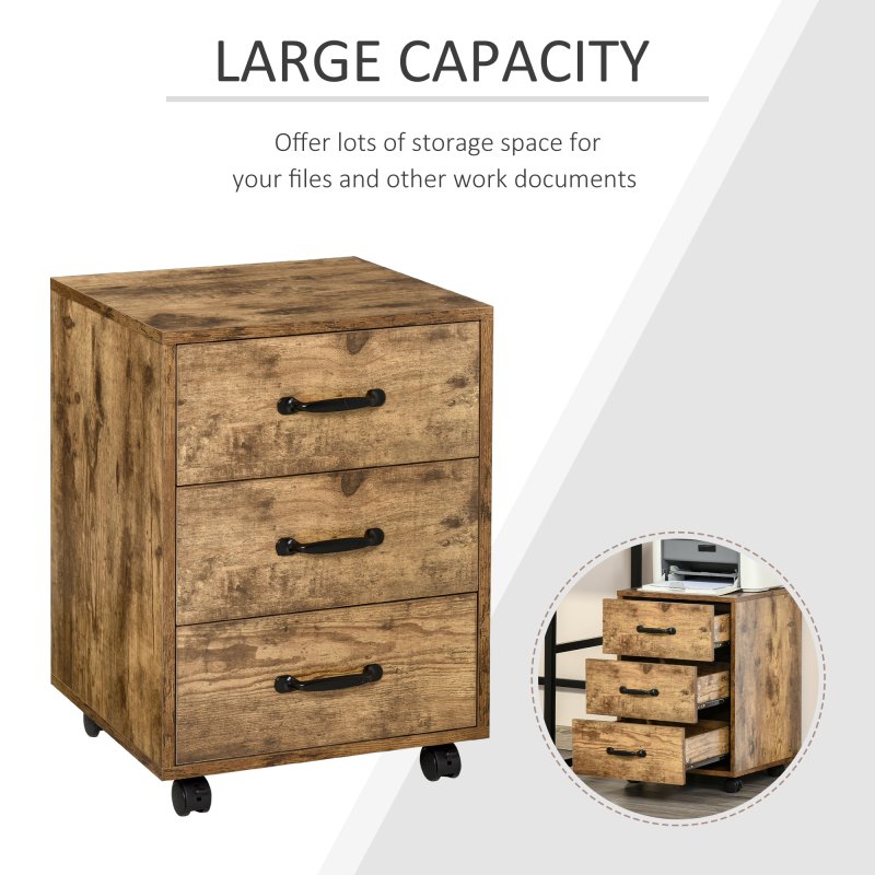 HOMCOM 3-Drawer Filing Cabinet, Mobile File Cabinet for Home Office, Small Rolling Filing Cabinet, Printer Stand, Under Desk File Cabinet for A4, Letter-Size Files, Rustic Brown